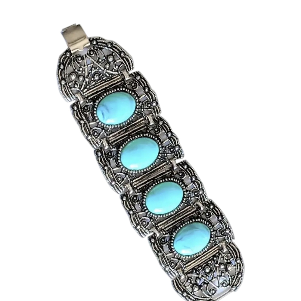 Large Cast Faux Turquoise Victorian-Inspired Silver Toned Bracelet